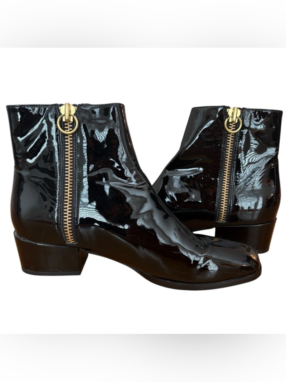Joie Nordstrom Black Patent Leather Chelsea Ankle Booties with Bold Gold Zippers